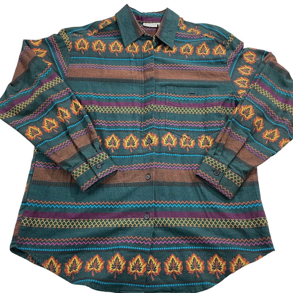 Vintage Fall Leaves Striped Green Button Up Shirt size M Backroad Blues